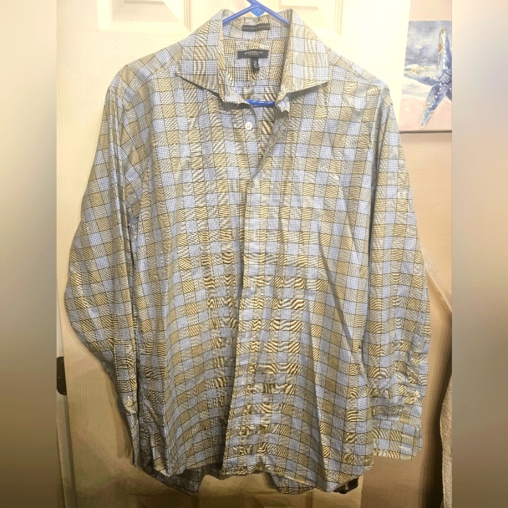 Burberry London Mens Blue tan Plaid Long collared Sleeve Dress Shirt 15.5/33